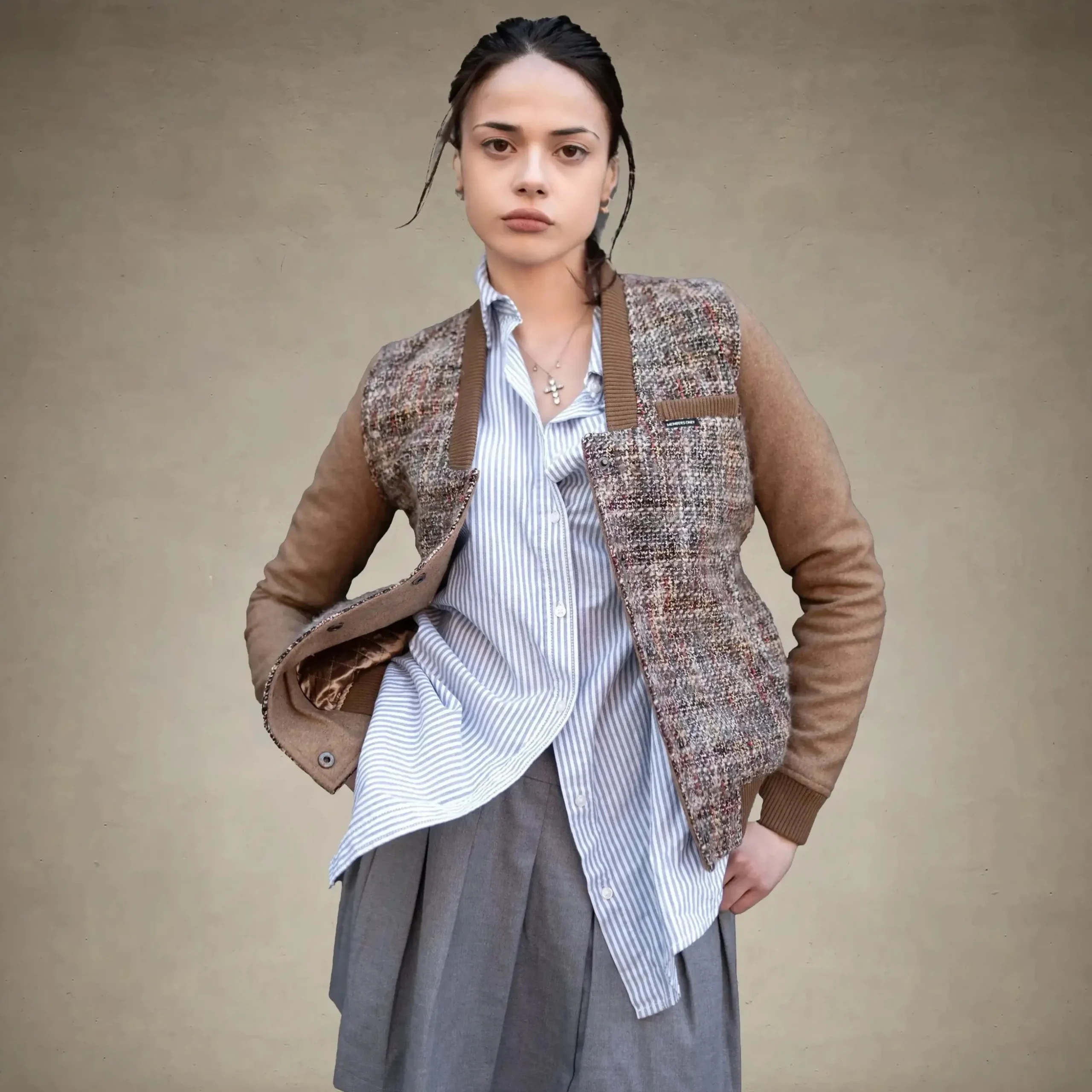 Women's Updated Tweed Varsity Jacket with Contrast Sleeve - FINAL SALE
